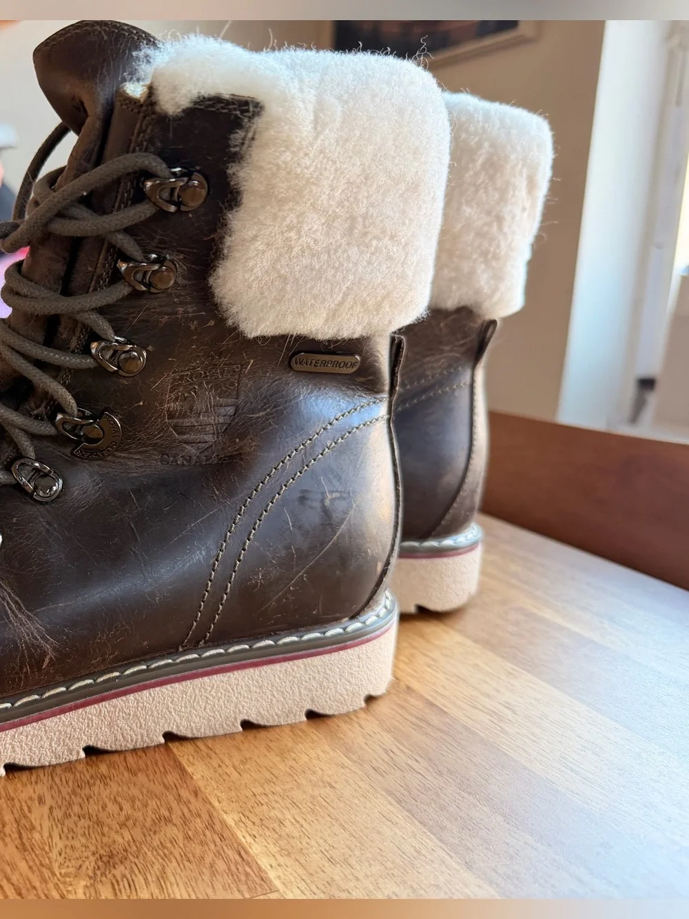 Women's Brown Waterproof Lace-Up Winter Boots with Shearling Cuff